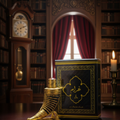 Decorative bookshelf with a large ornate book, gold footstool, and grandfather clock.