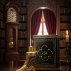 Decorative bookshelf with a large ornate book, gold footstool, and grandfather clock.