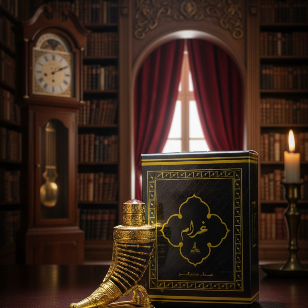 Decorative bookshelf with a large ornate book, gold footstool, and grandfather clock.