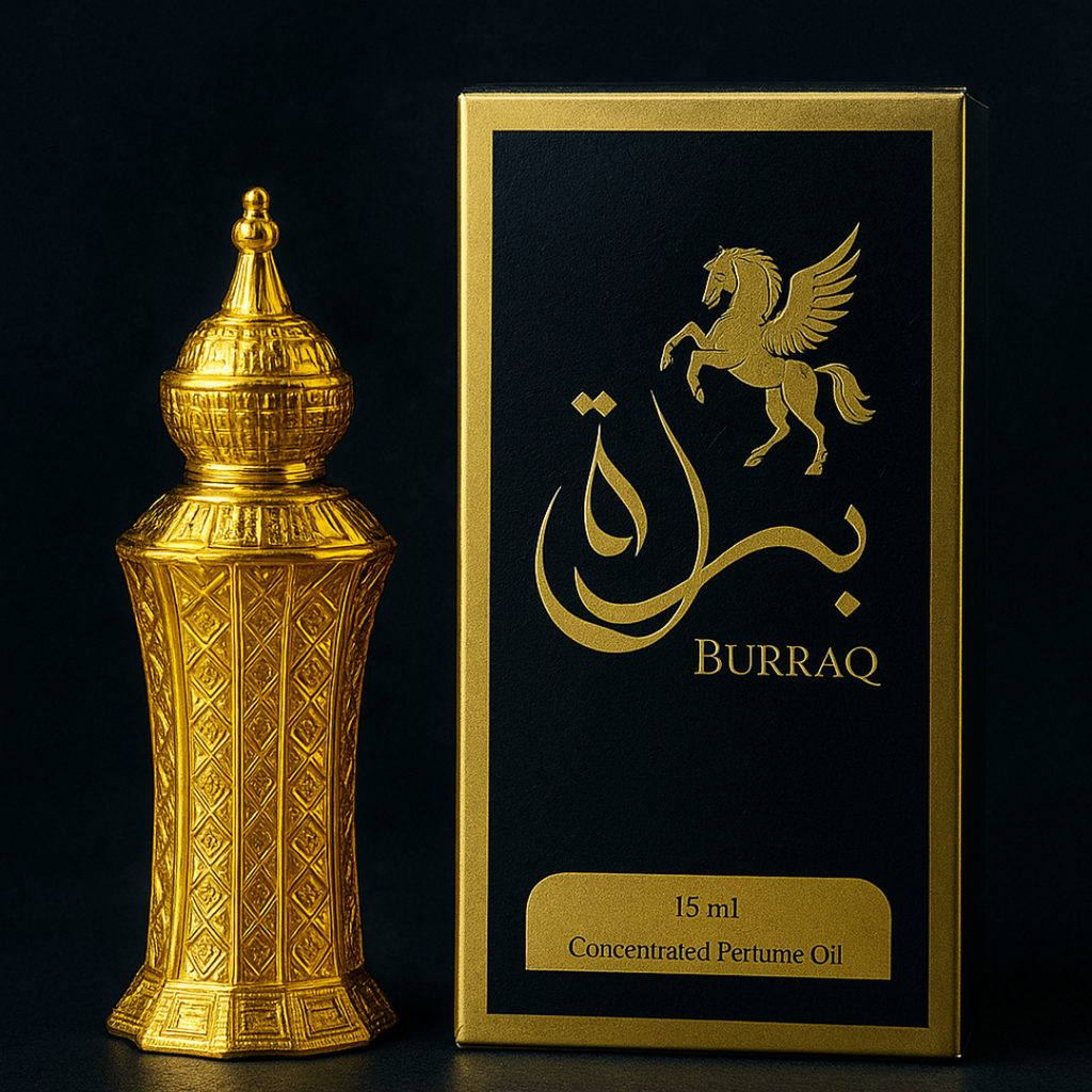 Gold perfume bottle and packaging with 'Burraq' branding on a black background