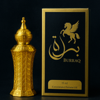 Gold perfume bottle and packaging with 'Burraq' branding on a black background