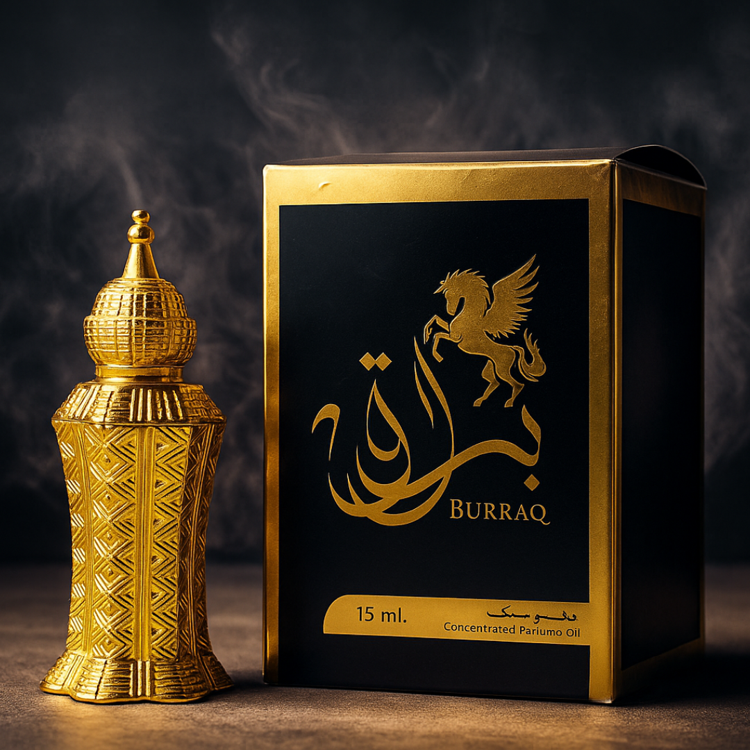 Gold perfume bottle and packaging with 'Burraq' branding on a dark background