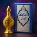 Gold perfume bottle and blue and silver box labeled 'Najwa' on a dark background
