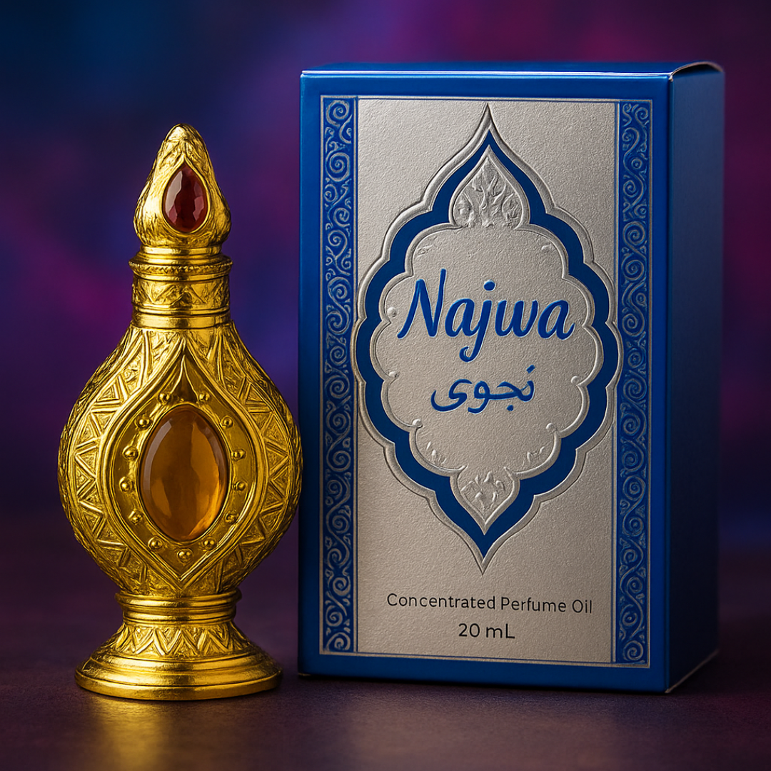 Gold perfume bottle and blue and silver box labeled 'Najwa' on a dark background