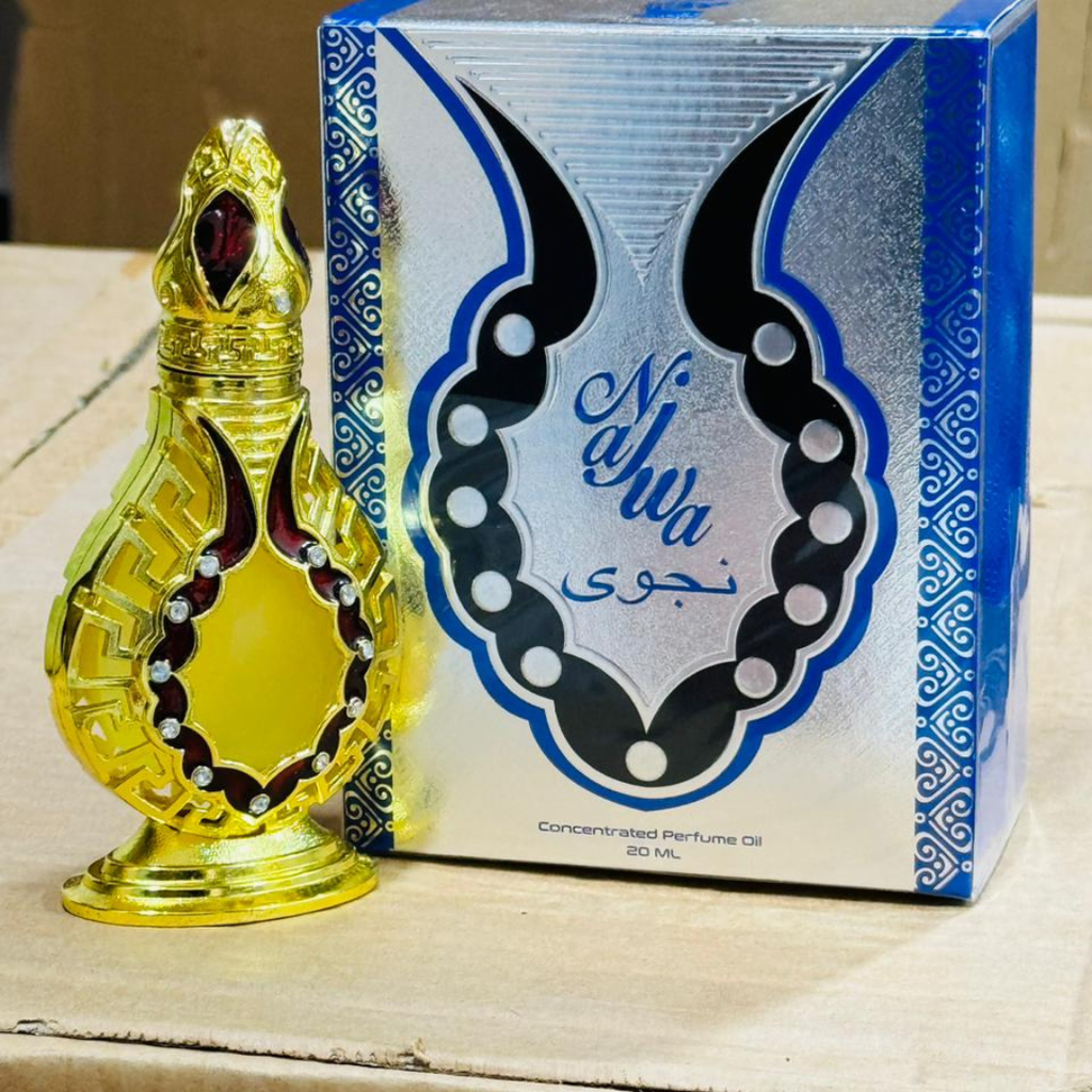 Gold perfume bottle and its packaging with 'Najwa' branding on a wooden surface.