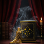 Decorative smoking flask and box with a candle and books in the background