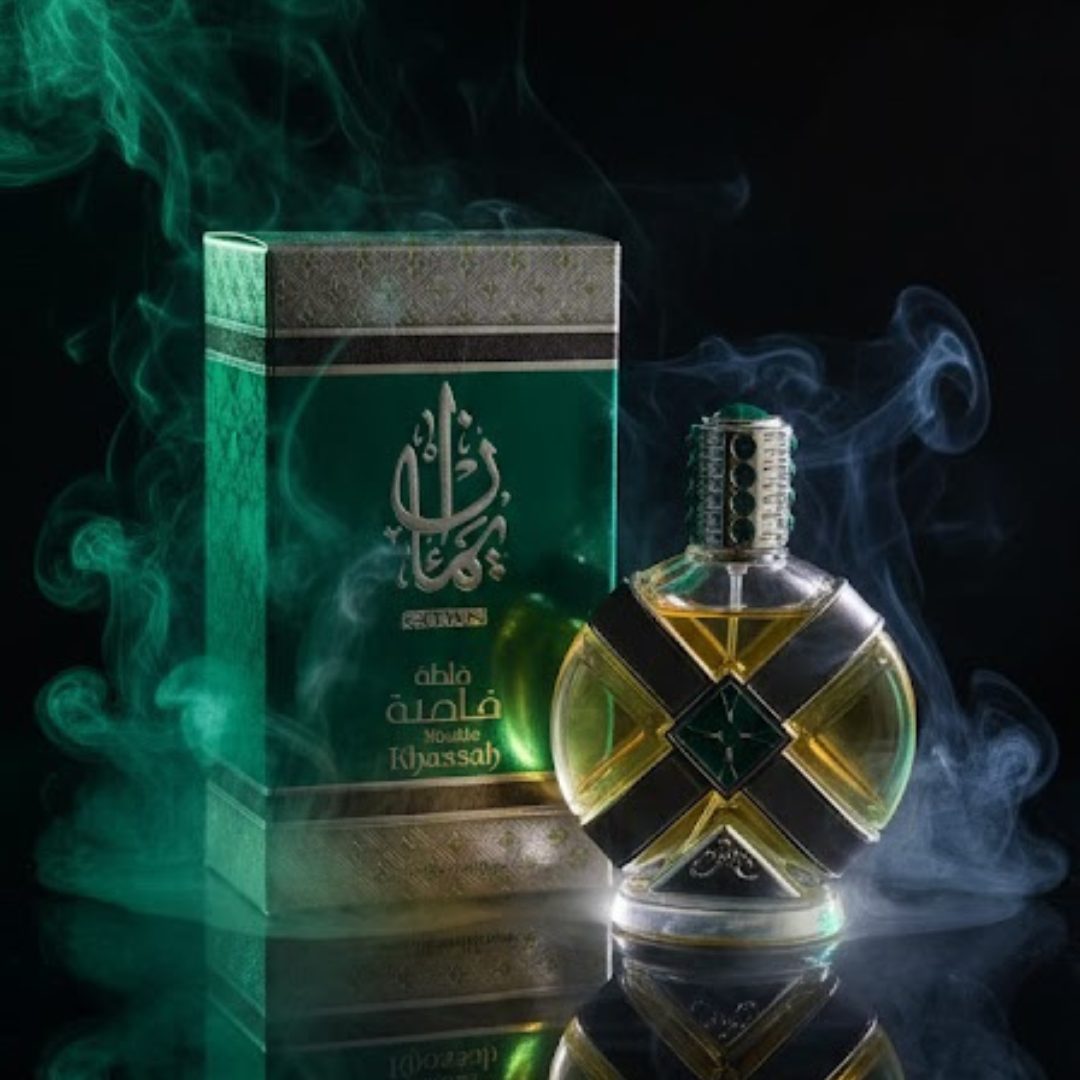 Perfume bottle and packaging with smoke effects on a dark background