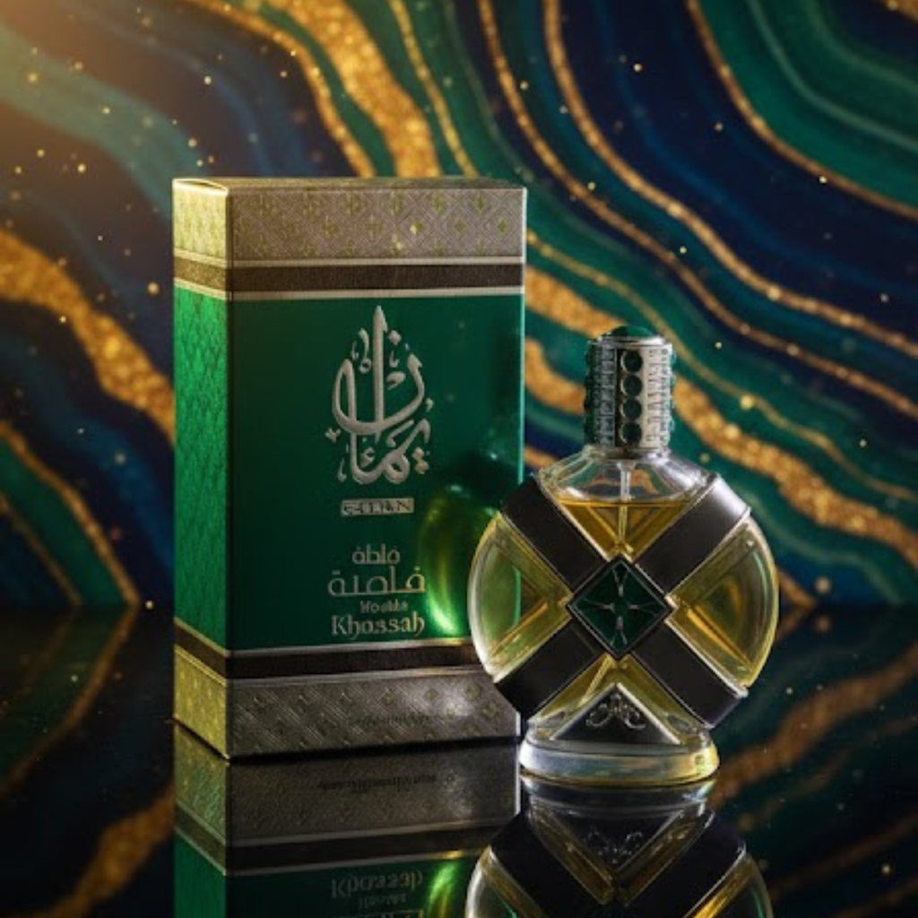 Perfume bottle and packaging with decorative background