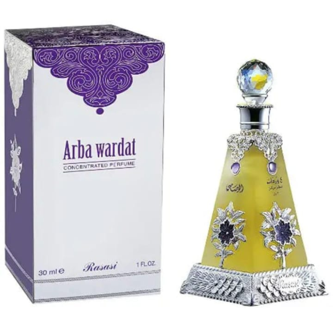 Perfume bottle and packaging of Arba Wardat by Rasasi on a white background