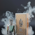 Perfume bottle and packaging with smoke effect on a dark background
