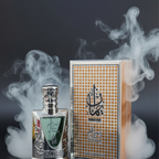 Perfume bottle and packaging with smoke effect on a dark background