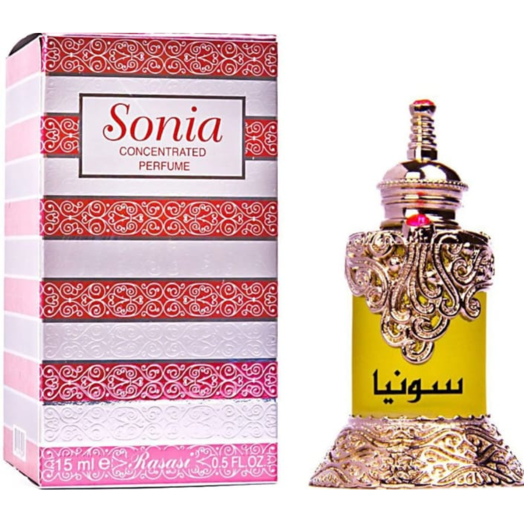 Perfume bottle and packaging with 'Sonia' branding on a white background