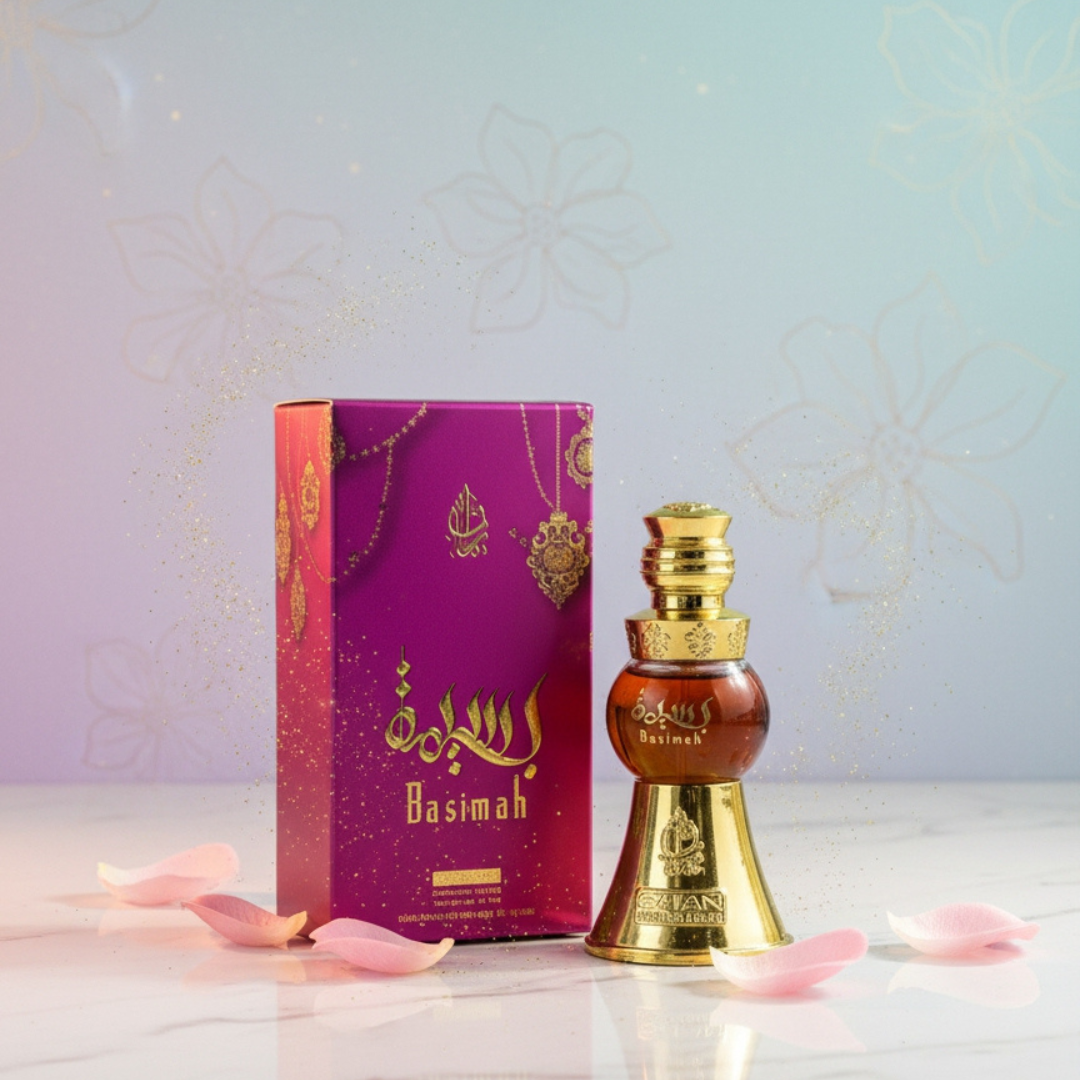 Perfume bottle and packaging with 'Basimah' branding on a light background