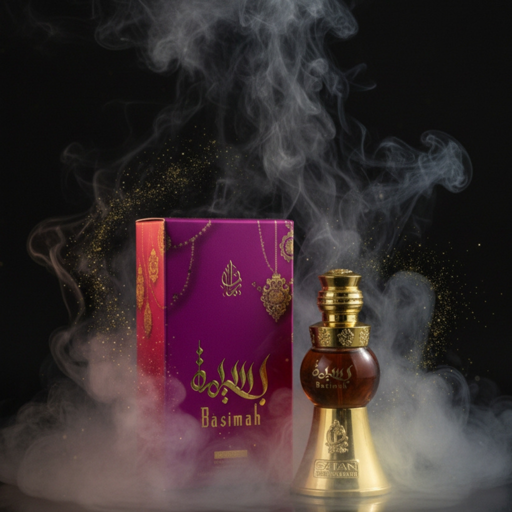 Perfume bottle and packaging with smoke effect on a black background