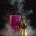 Perfume bottle and packaging with smoke effect on a black background