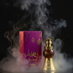 Perfume bottle and packaging with smoke effect on a black background