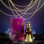 Perfume bottle and packaging with decorative elements on a dark background