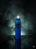Blue Janan deodorant spray bottle with smoke effect on a dark background
