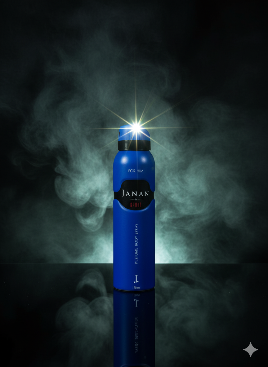 Blue Janan deodorant spray bottle with smoke effect on a dark background