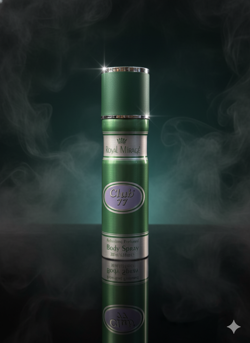 Green body spray can with 'Club 77' branding on a dark background with smoke effects.