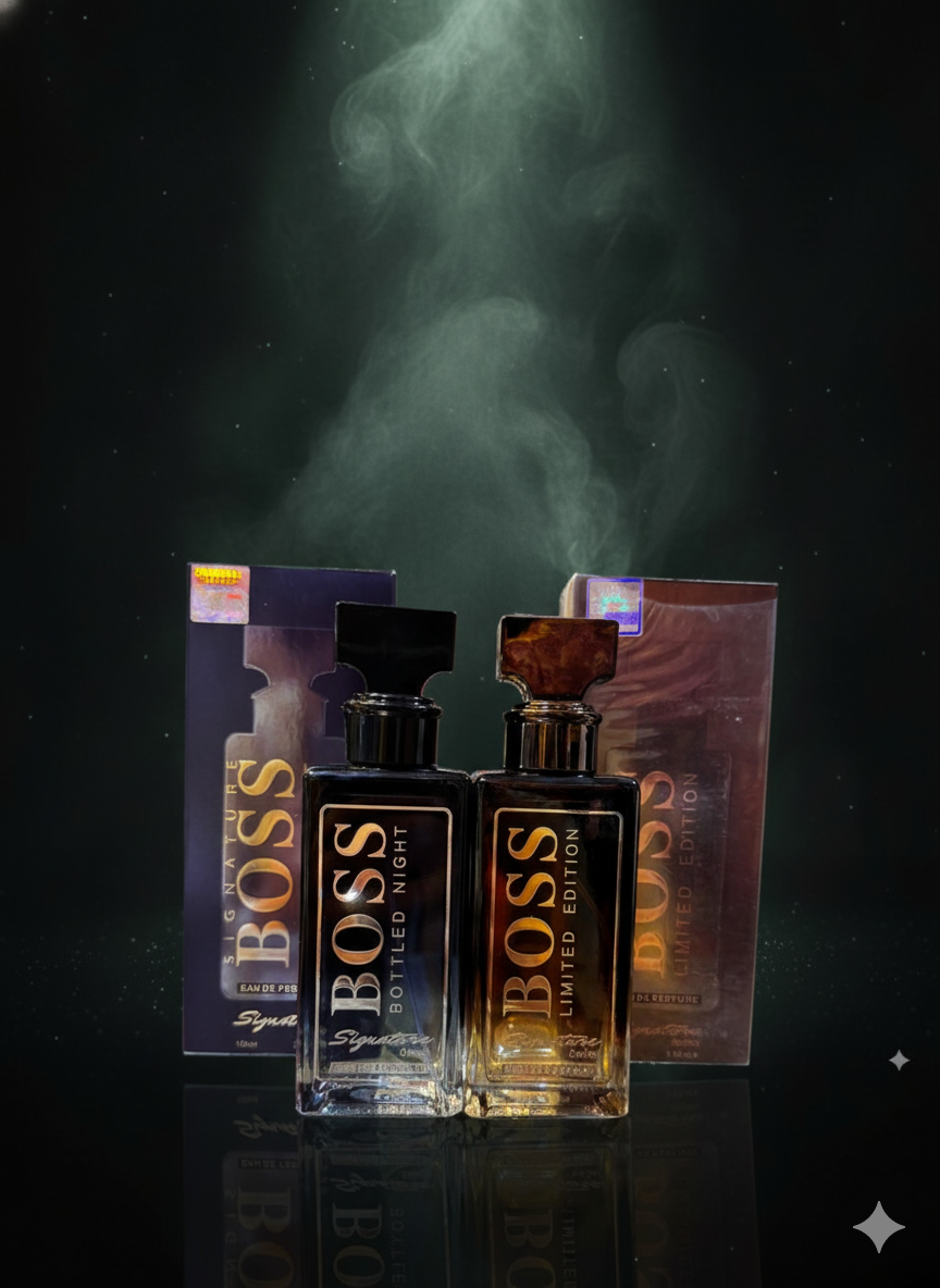 BOSS perfume bottles and packaging with smoke effect on a dark background