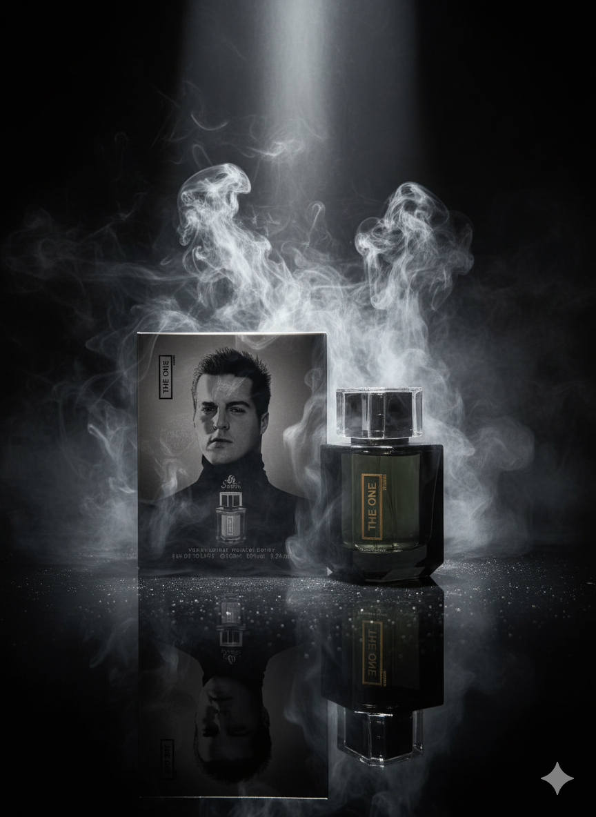 Perfume bottle and packaging with smoke effect on a dark background