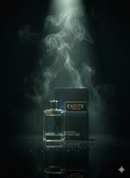 Excite perfume bottle and packaging with smoke effect on a dark background