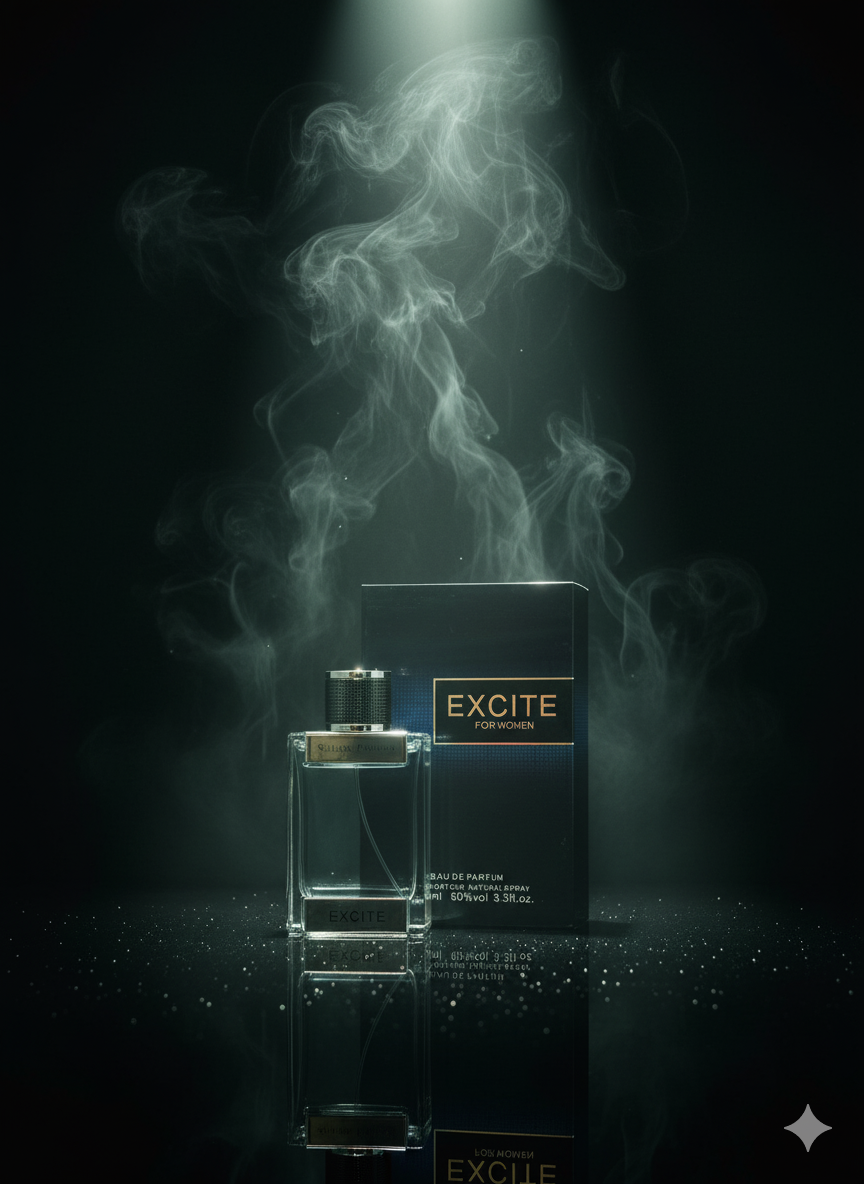Excite perfume bottle and packaging with smoke effect on a dark background