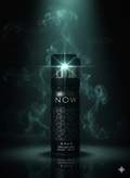 Black spray bottle labeled 'NOW' with smoke effects on a dark background