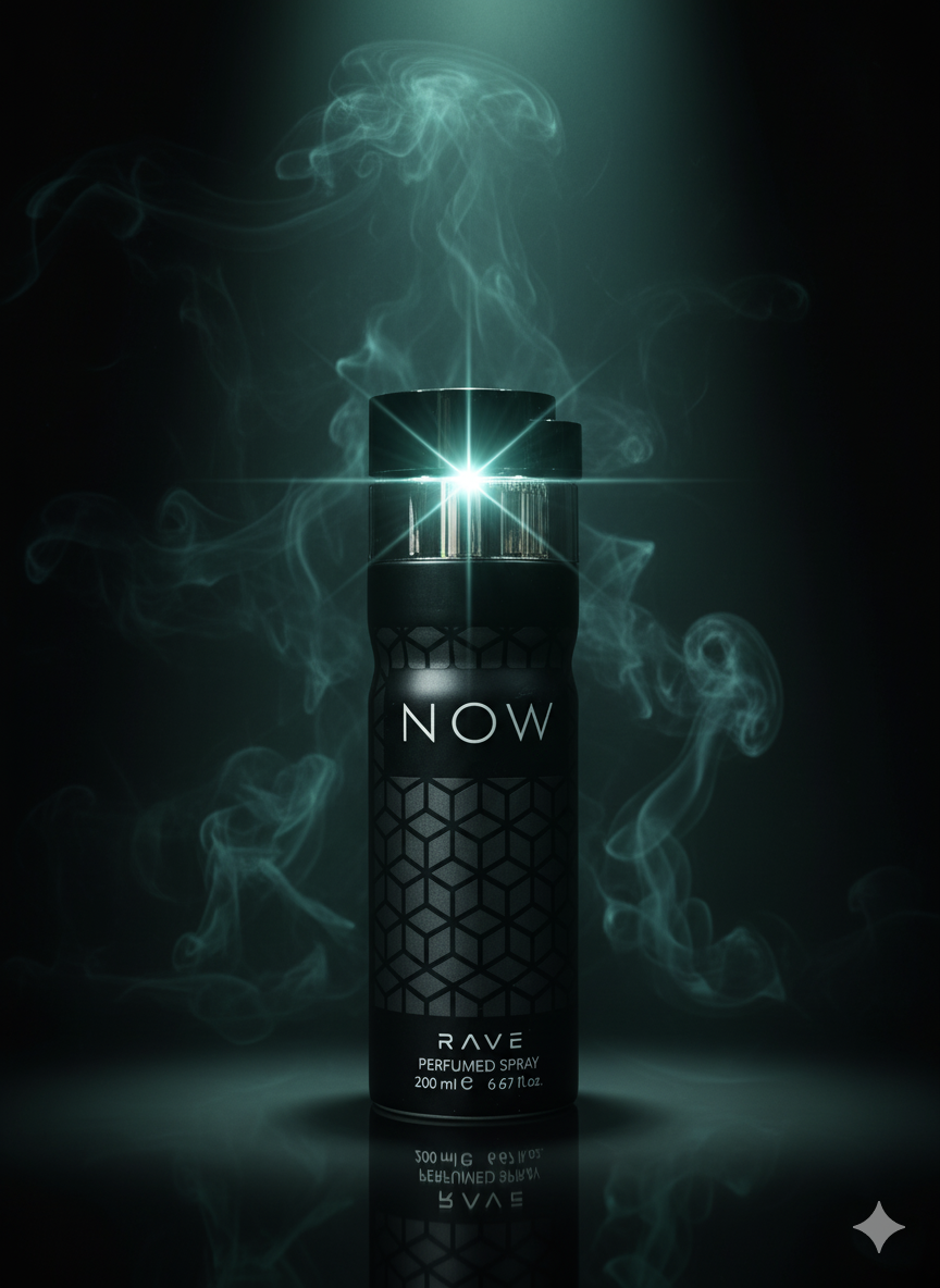 Black spray bottle labeled 'NOW' with smoke effects on a dark background