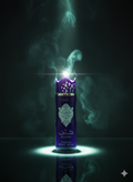 Purple perfume bottle with smoke effect on a dark background