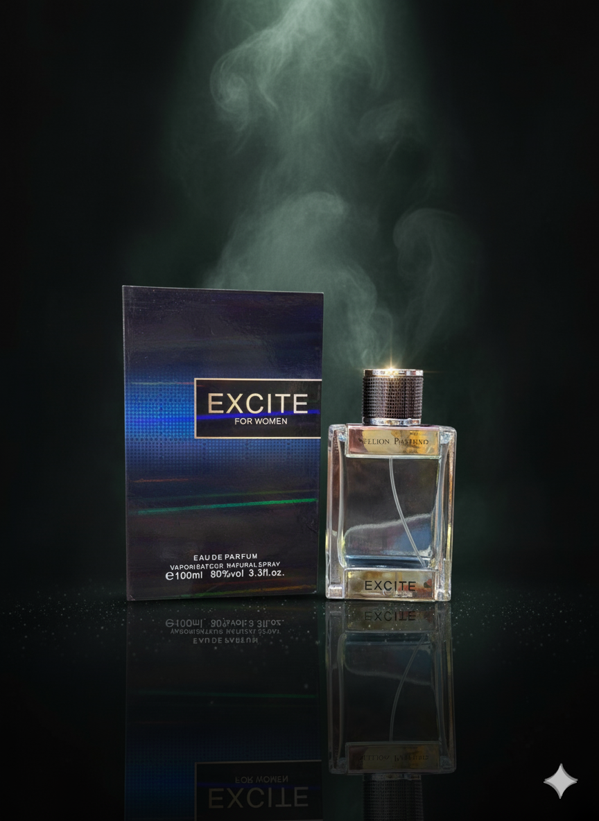 Excite perfume bottle and packaging with smoke effect on a dark background