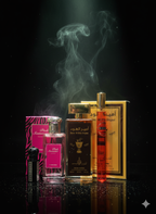 Collection of perfume bottles with smoke effect on a dark background