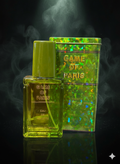 Game of Paris perfume bottle and packaging with a dark background