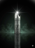 Silver bottle with Arabic text on a dark background with smoke effects