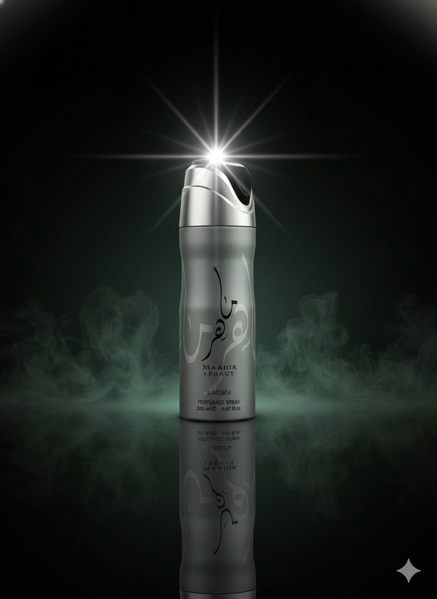 Silver bottle with Arabic text on a dark background with smoke effects