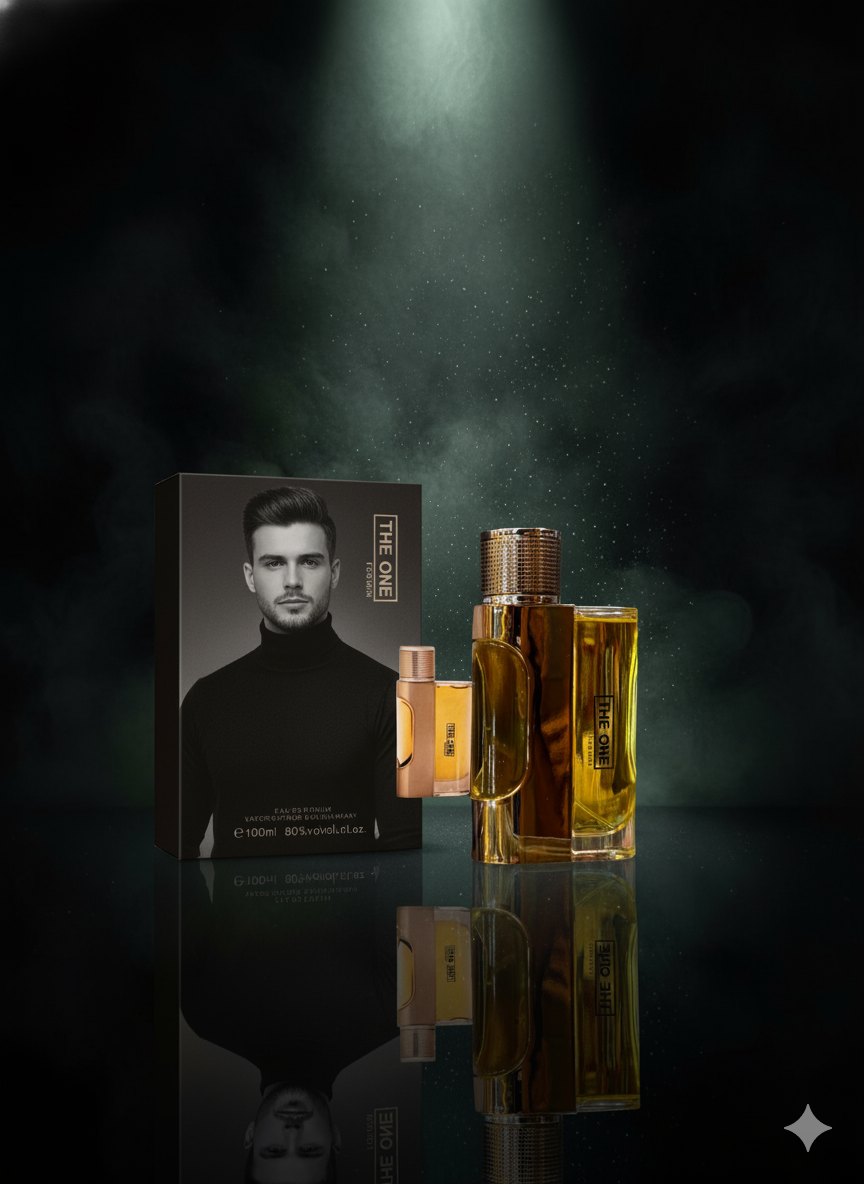 Perfume bottles and packaging on a dark reflective surface with a blurred background