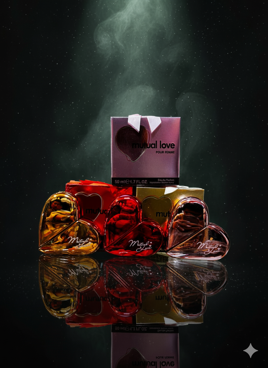 Heart-shaped chocolate candies with a 'Mutual Love' box on a reflective surface.