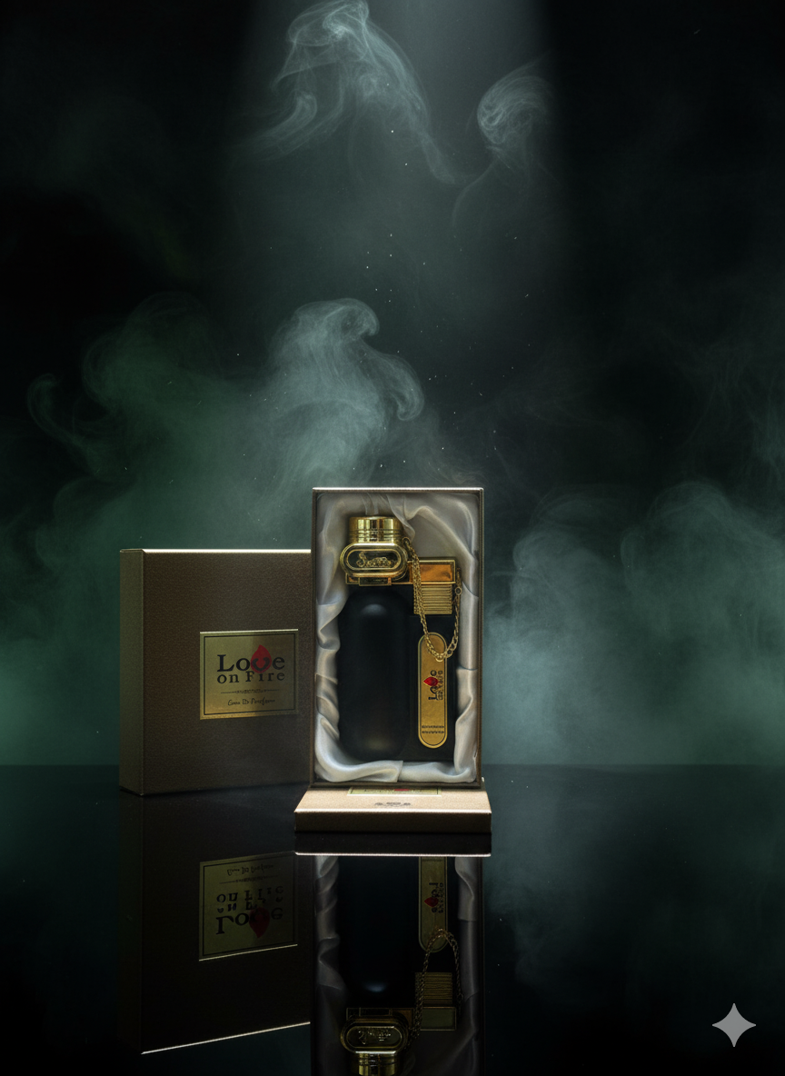 Luxury black and gold bottle with packaging on a dark background with smoke effects