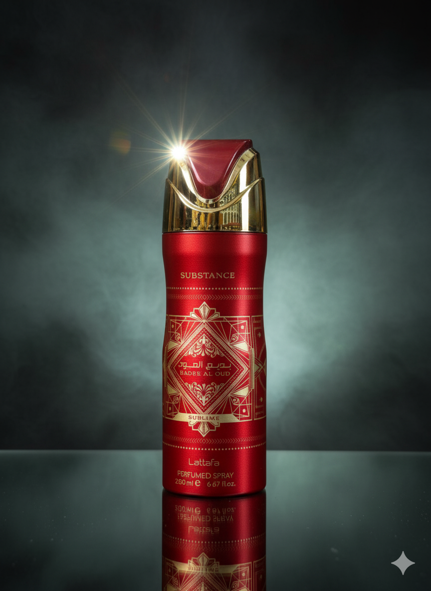 Red and gold perfume bottle with 'Substance' branding on a dark background