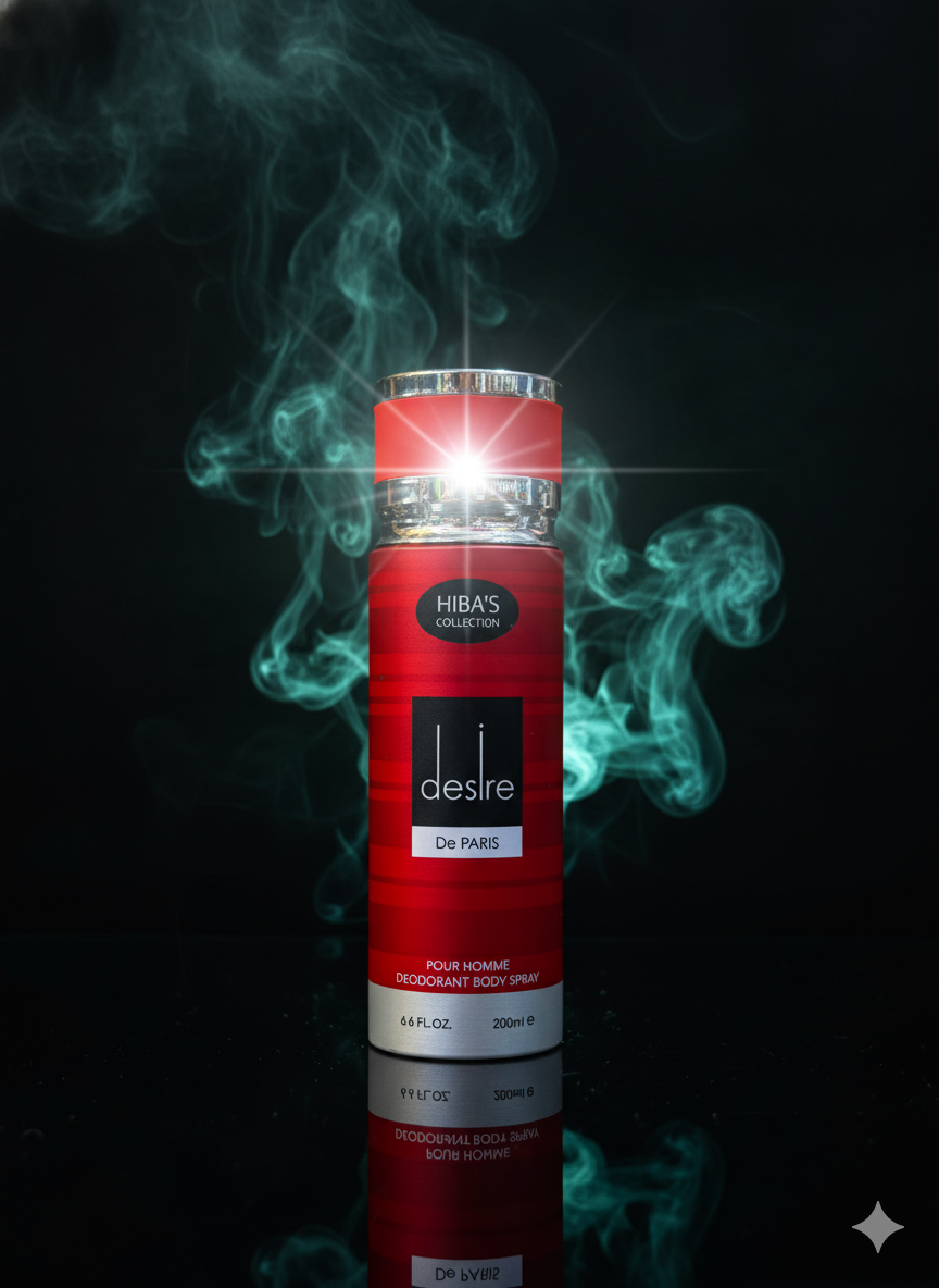 Red Hiba's Collection desire deodorant spray bottle with smoke effect on a black background