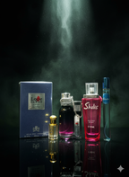 Collection of perfume bottles and packaging on a reflective surface with a dark background