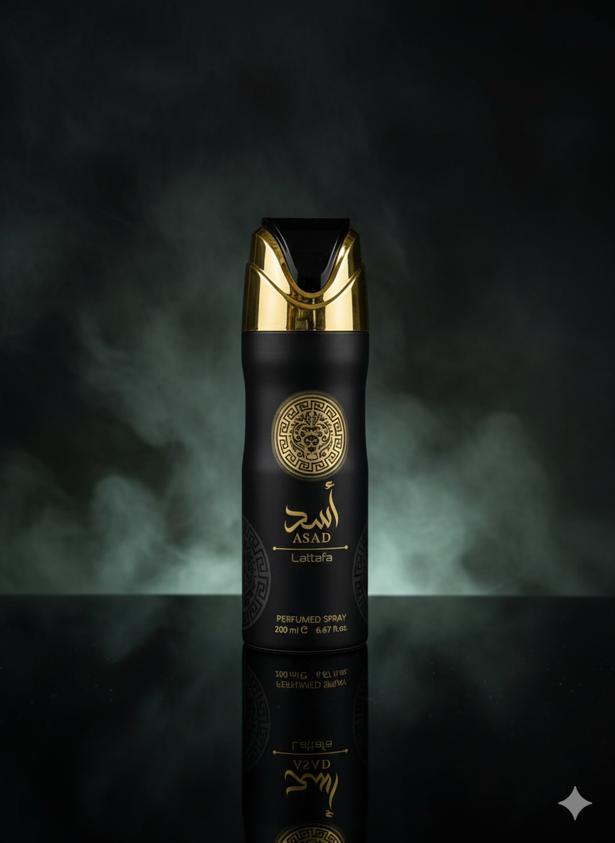 Black and gold deodorant spray bottle with 'Asad' branding on a dark background
