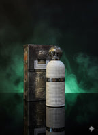Decorative bottle with textured design and silver cap next to a box on a dark background