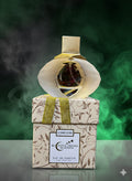 Perfume bottle and packaging with a decorative background