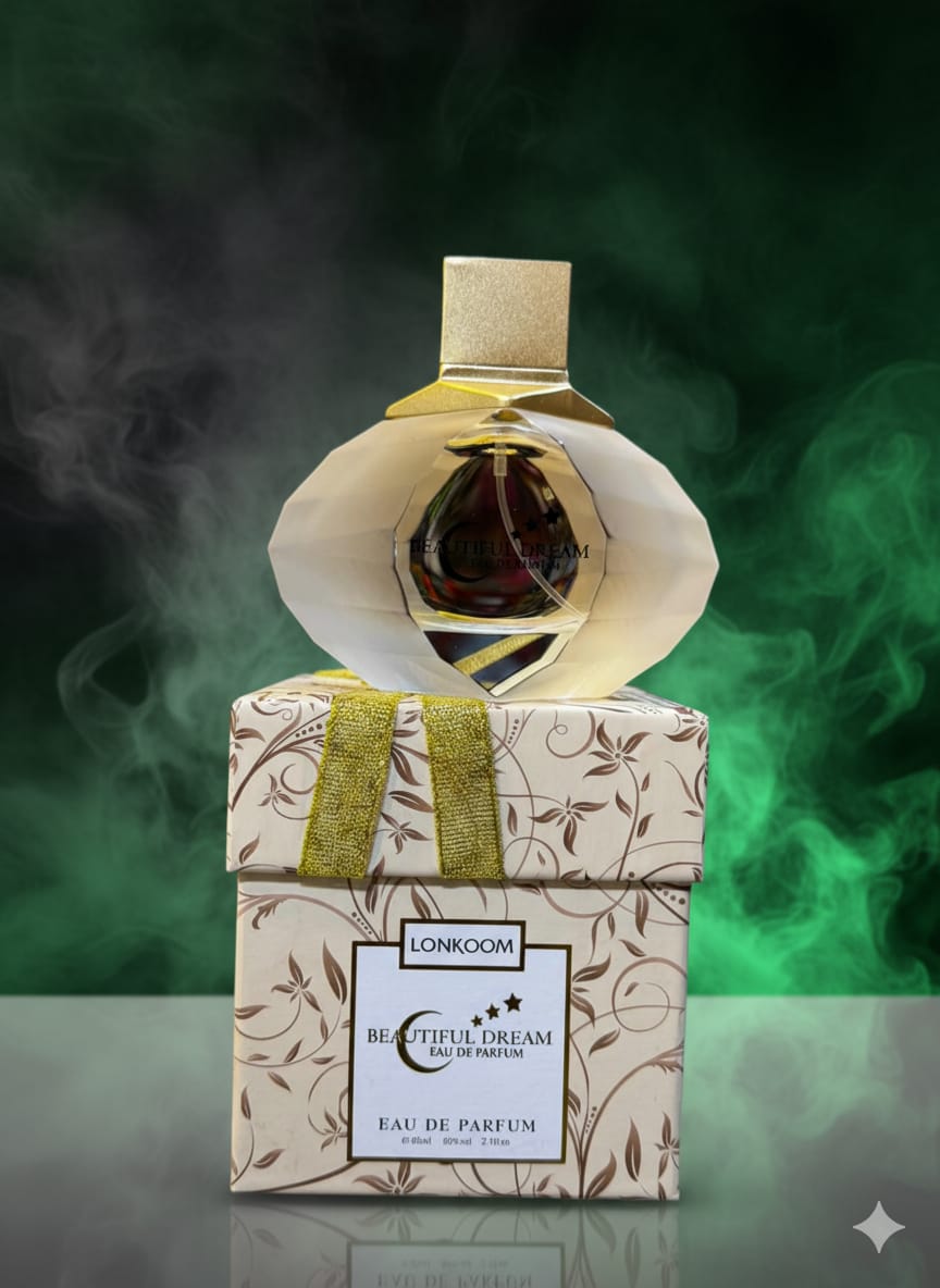 Perfume bottle and packaging with a decorative background