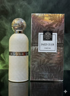 Jazz Club perfume bottle and packaging on a dark background