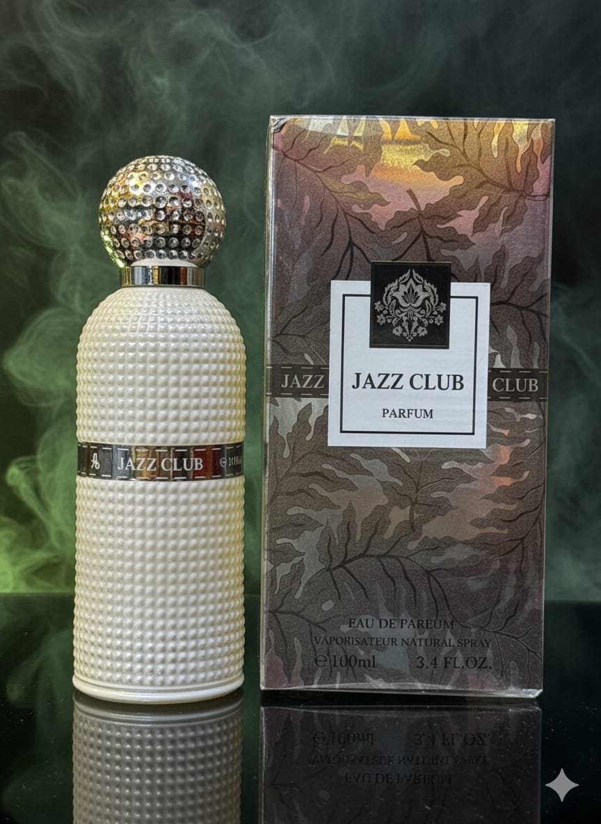 Jazz Club perfume bottle and packaging on a dark background