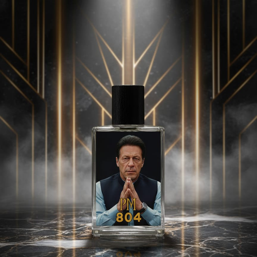 Perfume bottle with a portrait of a person on the label against a decorative background