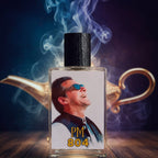 Perfume bottle with a face on it in front of a golden lamp with smoke effects